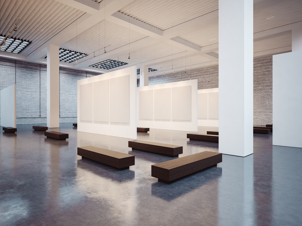 Mockup of open interior with brown bench. 3d render